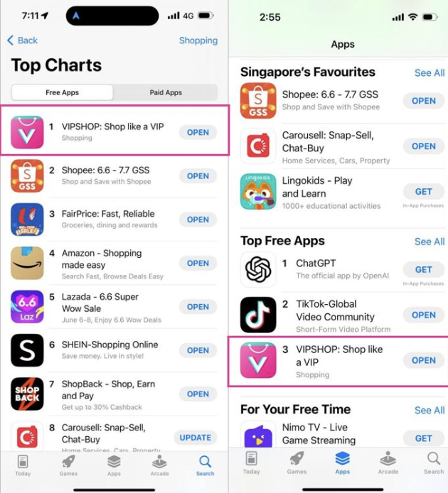 Vipshop #1 in Singapore App Store — Top Charts and Singapore's Favourites